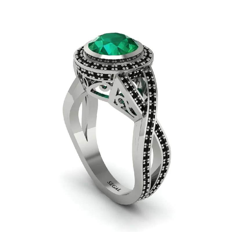 Classic Gemstone Rings For Engagement-Emerald Filigree Halo Twist Shank Engagement Ring - Wren No. 36