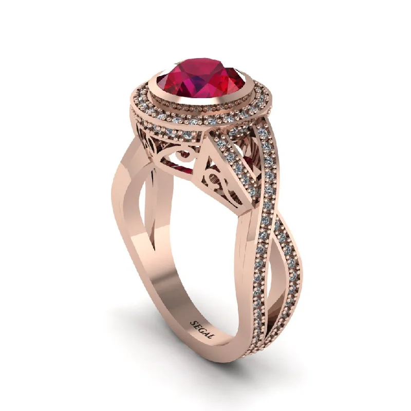 Custom Promise Rings For Personalized Style-Ruby Filigree Halo Twist Shank Engagement Ring - Wren No. 11