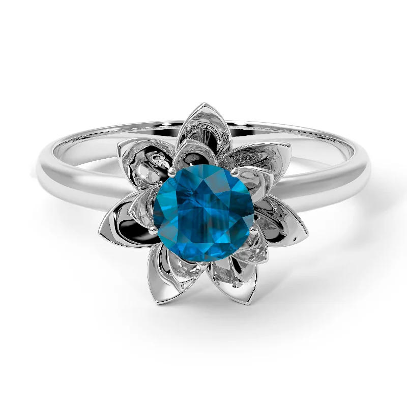 Custom Rose Gold Wedding Rings For Brides-Lotus Flower Solitaire Blue Topaz Ring - Lotus no. 503