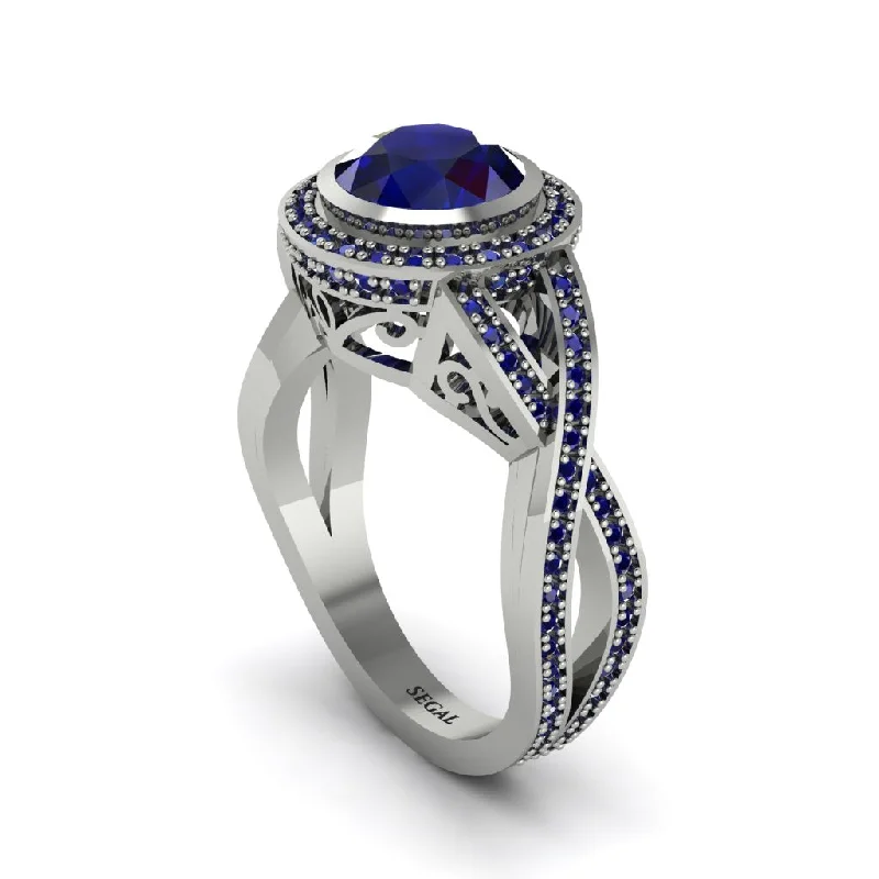 Custom Name Rings For Personalized Jewelry-Sapphire Filigree Halo Twist Shank Engagement Ring - Wren No. 75