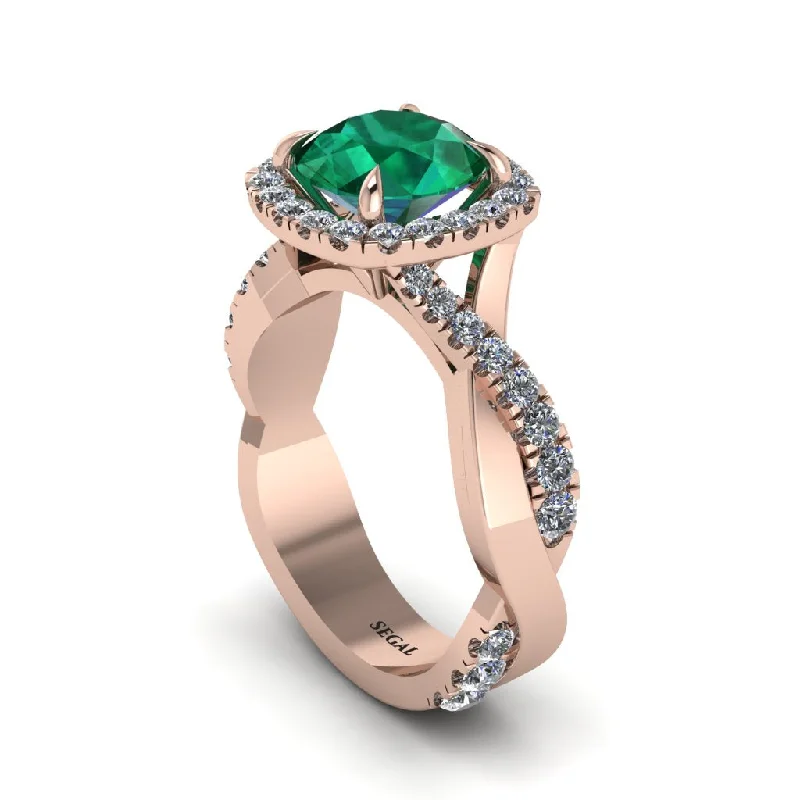 Sterling Silver Rings For Sensitive Skin-Emerald Twist Shank Halo Engagement Ring - Cheyenne No. 5