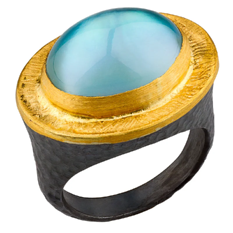 Bold Wedding Bands For Bold Couples-Lika Behar "Pompei" Blue Topaz Mother of Pearl Oval Doublet Ring 24K Gold & Oxidized Silver