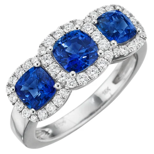 Classic Gemstone Rings For Engagement-Cushion Shaped Blue Sapphire & Diamond Halo 18K White Gold Three Stone Ring