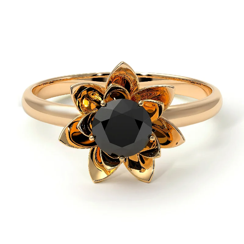 Stunning Birthstone Rings For Weddings-Lotus Flower Solitaire Black Diamond Ring - Lotus no. 7