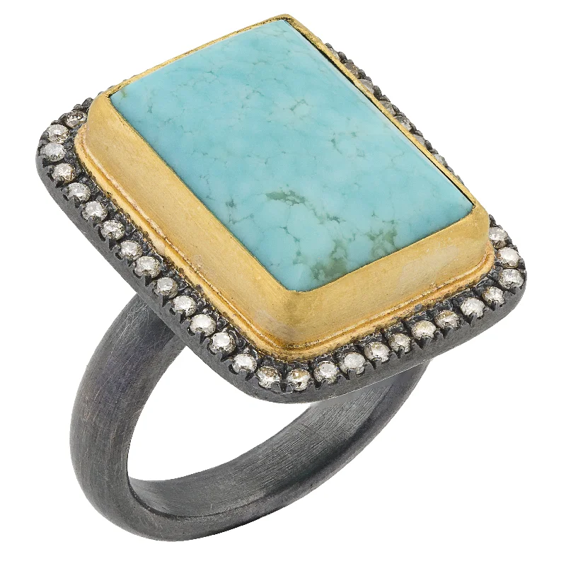 Simple Custom Wedding Rings For Brides-Lika Behar "My World" Ring in 24K Gold & Oxidized Silver with Rectangle Kingman Turquoise & Champagne Diamonds