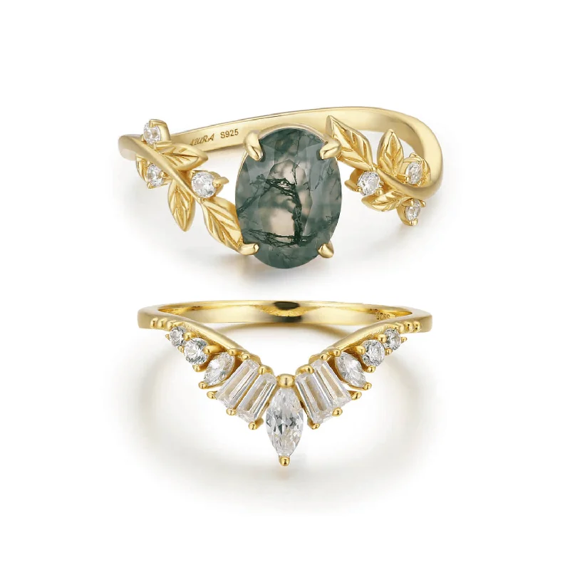 Fashionable Stackable Rings For Trendy Looks-Between the Leaf Moss Agate© and Hillcrest Yellow Gold Ring Set