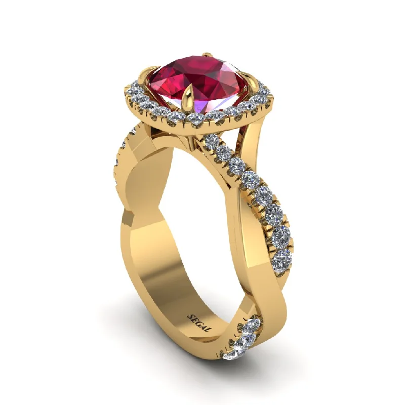 Personalized Promise Rings For Couples-Ruby Twist Shank Halo Engagement Ring - Cheyenne No. 10