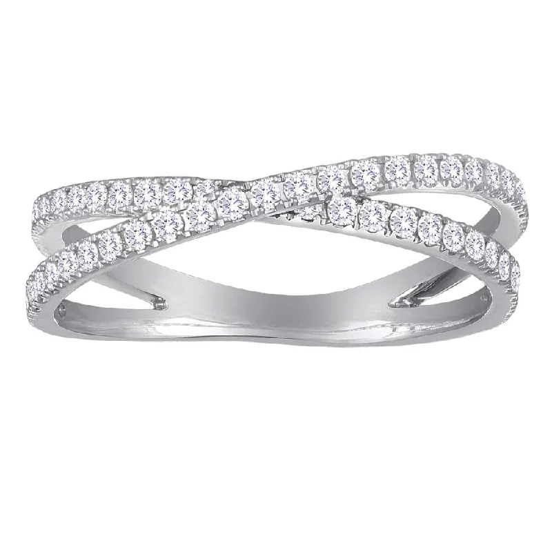 Simple Diamond Wedding Rings For Brides-Diamond Crossover Band Ring Two Rows in 14K White Gold