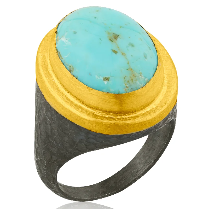 Custom Wedding Rings For Unique Designs-Lika Behar "Pompei" Ring in 24K Gold & Oxidized Silver with Kingman Turquoise