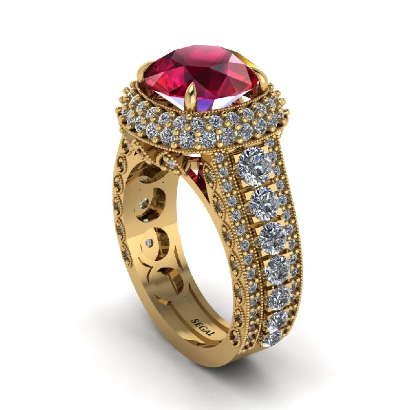 Fashionable Stackable Rings For Trendy Looks-Ruby Radiant Majesty Pave Engagement Ring - Cataleya No. 10