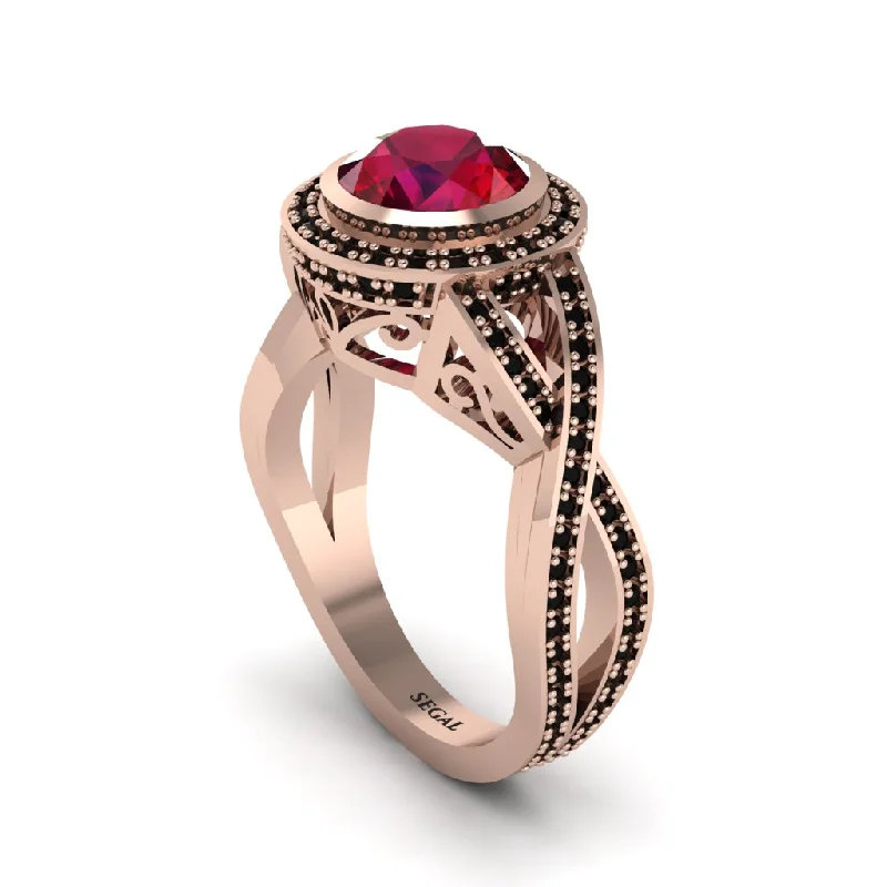 Simple Custom Wedding Rings For Brides-Ruby Filigree Halo Twist Shank Engagement Ring - Wren No. 41