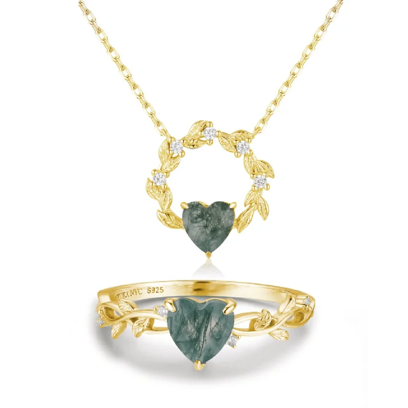 Custom Men’s Rings For Personalized Style-Everlasting Heart© and Heart’s Desire Moss Agate© Ring and Necklace Set (Yellow Gold)