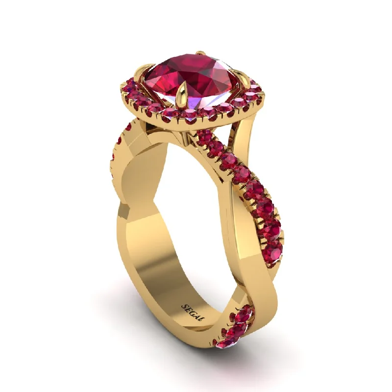 Beautiful Birthstone Rings For Personalized Gifts-Ruby Twist Shank Halo Engagement Ring - Cheyenne No. 55