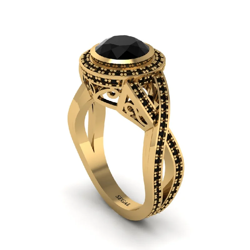 Custom Wedding Rings For Non-Traditional Brides-Black Diamond Filigree Halo Twist Shank Engagement Ring - Wren No. 37