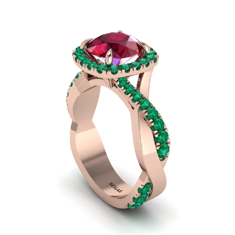 Handmade Gold Rings For Unique Style-Ruby Twist Shank Halo Engagement Ring - Cheyenne No. 26