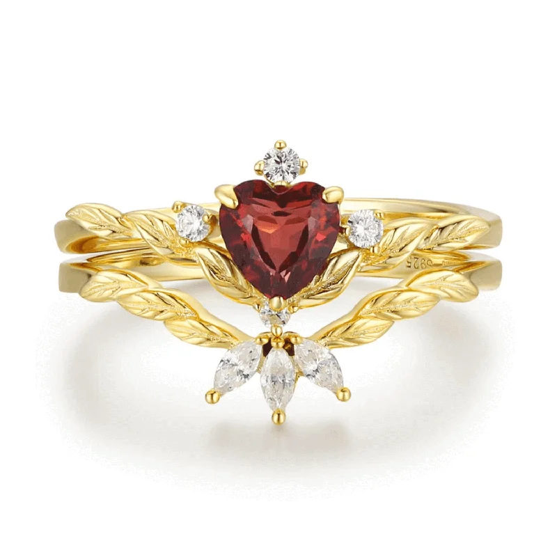 Simple Gold Engagement Rings For Brides-Flaming Heart Red Garnet Yellow Gold Ring Set©