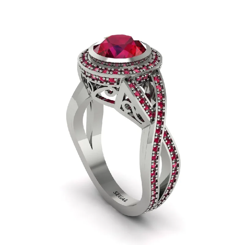 Vintage Wedding Rings For Classic Brides-Ruby Filigree Halo Twist Shank Engagement Ring - Wren No. 57