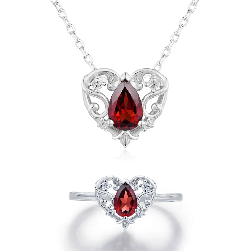 Vintage Style Rings For Retro Weddings-Rosy Heart Mozambique Garnet Ring and Necklace Set