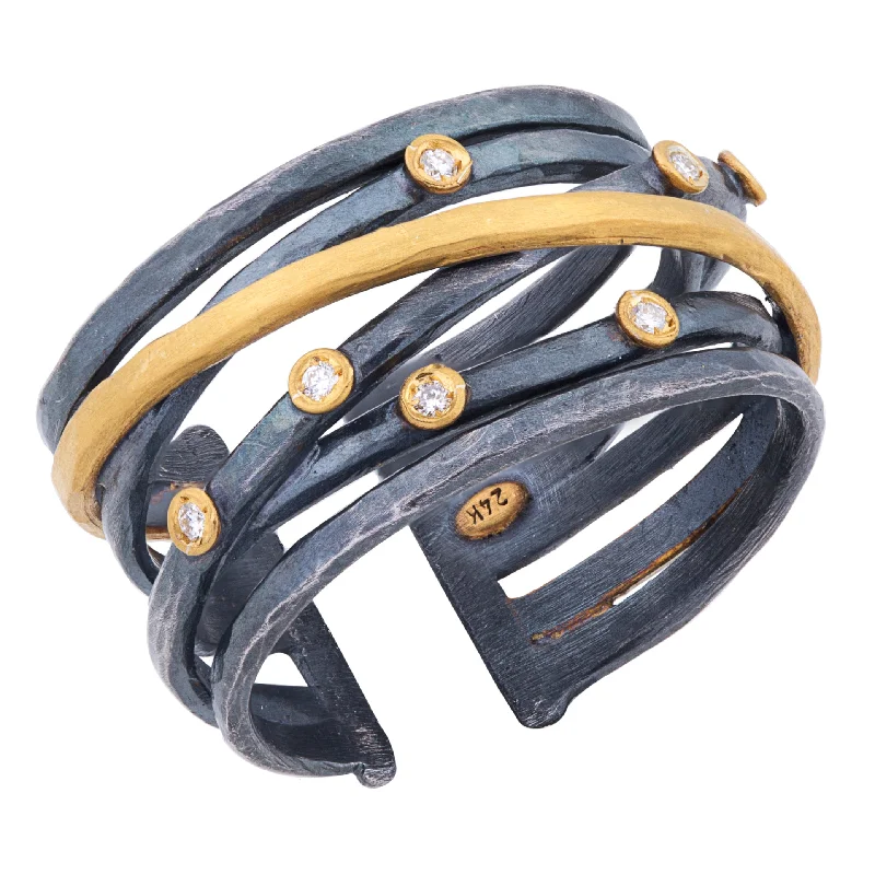 Vintage Diamond Rings For Brides-Lika Behar "Stockholm Crosswire" Ring Oxidized Silver & 24K Gold with Diamonds