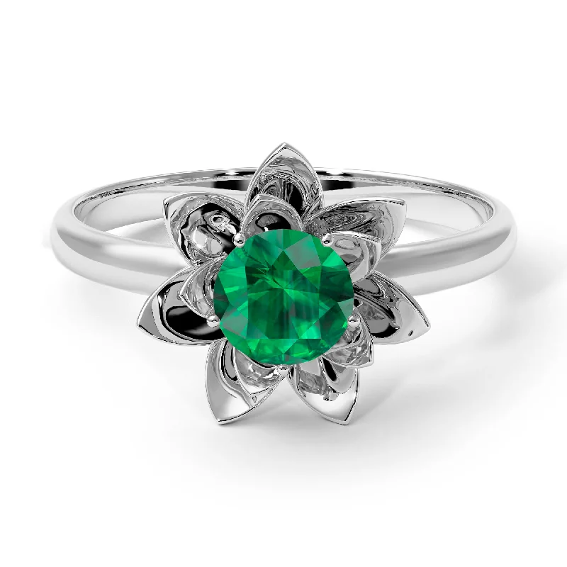 Bold Silver Engagement Rings For Brides-Lotus Flower Solitaire Emerald ring - Lotus no. 6