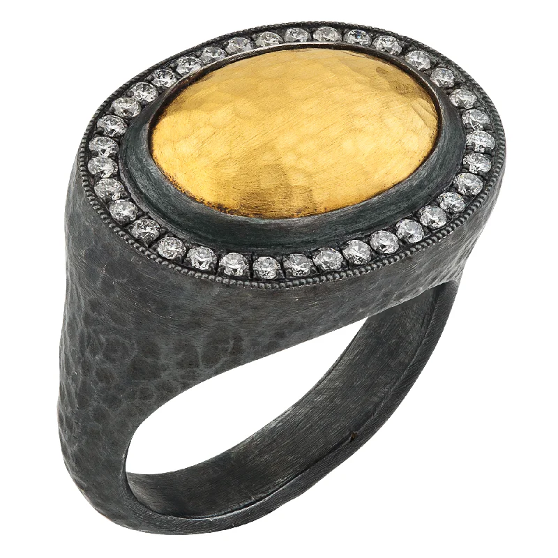 Custom Engagement Rings For Brides-Lika Behar "Pompei" Oval Ring in 24K Gold & Oxidized Silver with Diamonds