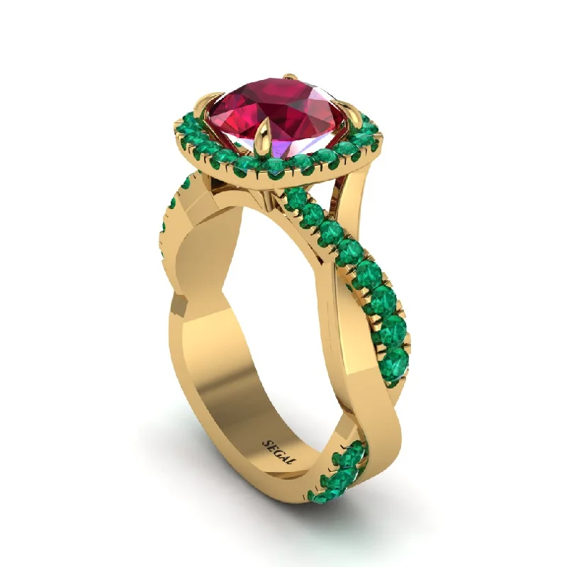 Engagement Rings With Colored Stones-Ruby Twist Shank Halo Engagement Ring - Cheyenne No. 25