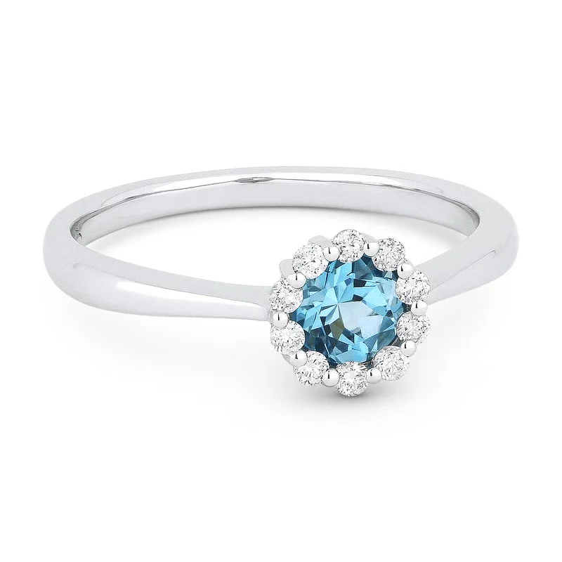 Stunning Engagement Rings For Brides-14K White Gold Round Blue Topaz & Diamond Halo Ring R1073BTW