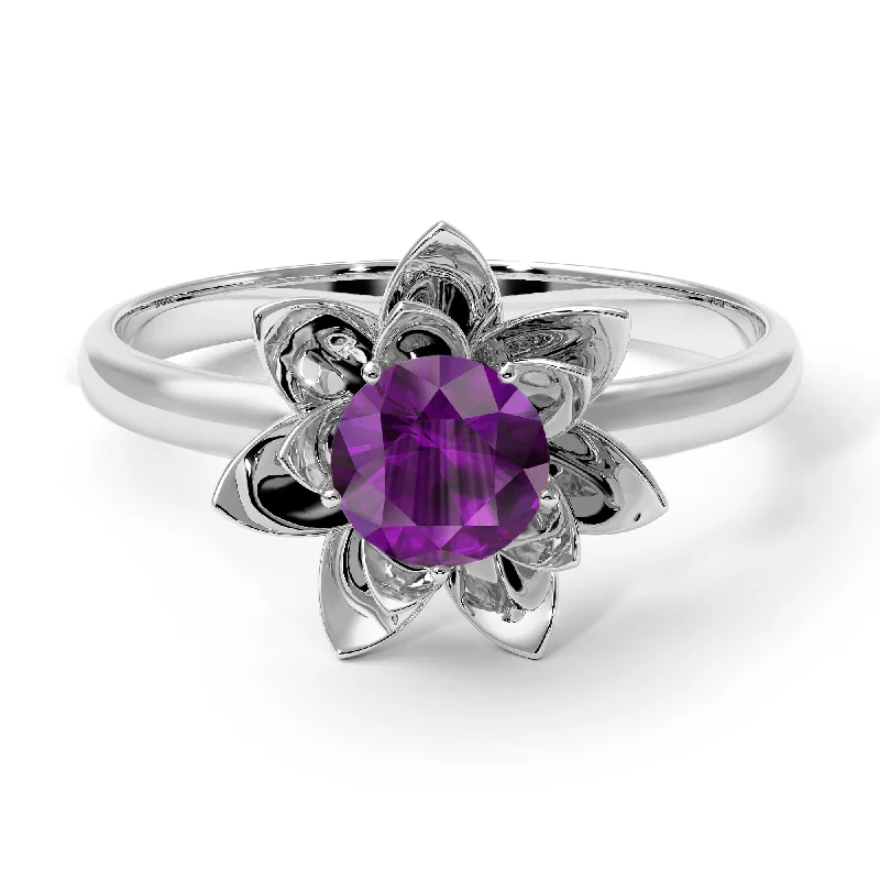 Beautiful Wedding Rings For Couples-Lotus Flower Solitaire Amethyst Ring- Lotus no. 303