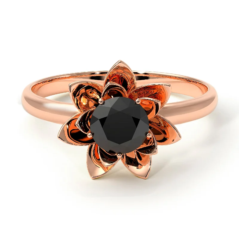 Beautiful Custom Rings For Engagement-Lotus Flower Solitaire Black Diamond Ring - Lotus no. 8