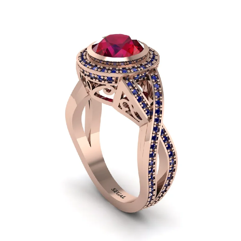 Personalized Stack Rings For Brides-Ruby Filigree Halo Twist Shank Engagement Ring - Wren No. 71