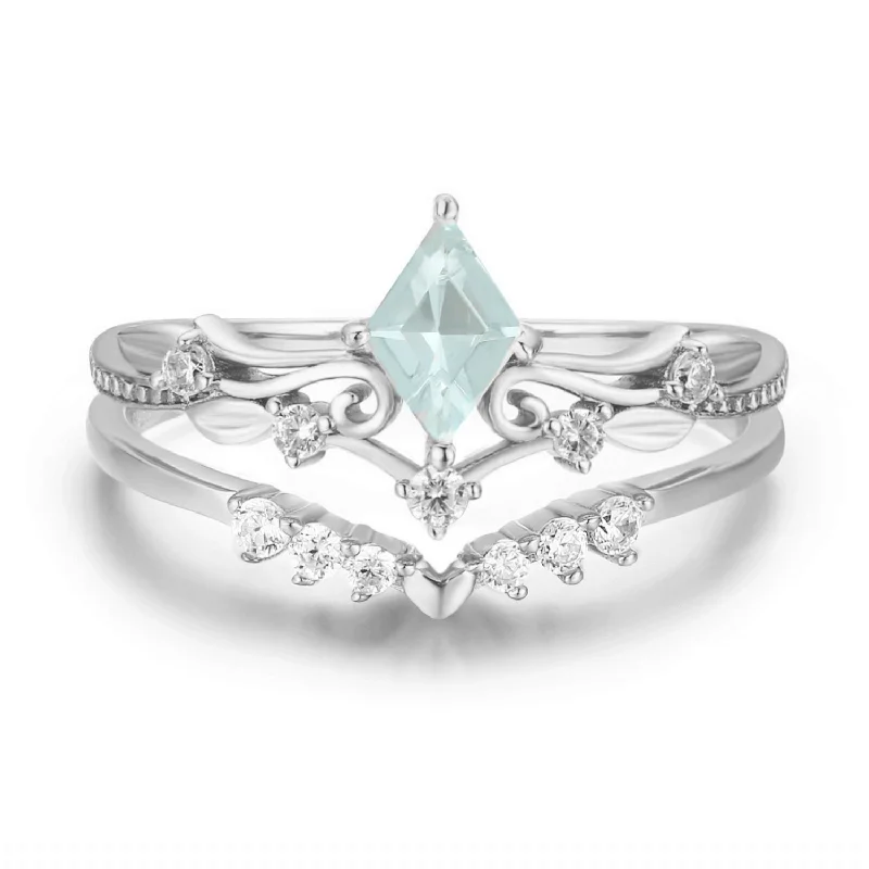 Trendy Silver Rings For Casual Wear-Victorian Lace Aquamarine© and Hearty Heart Ring Set