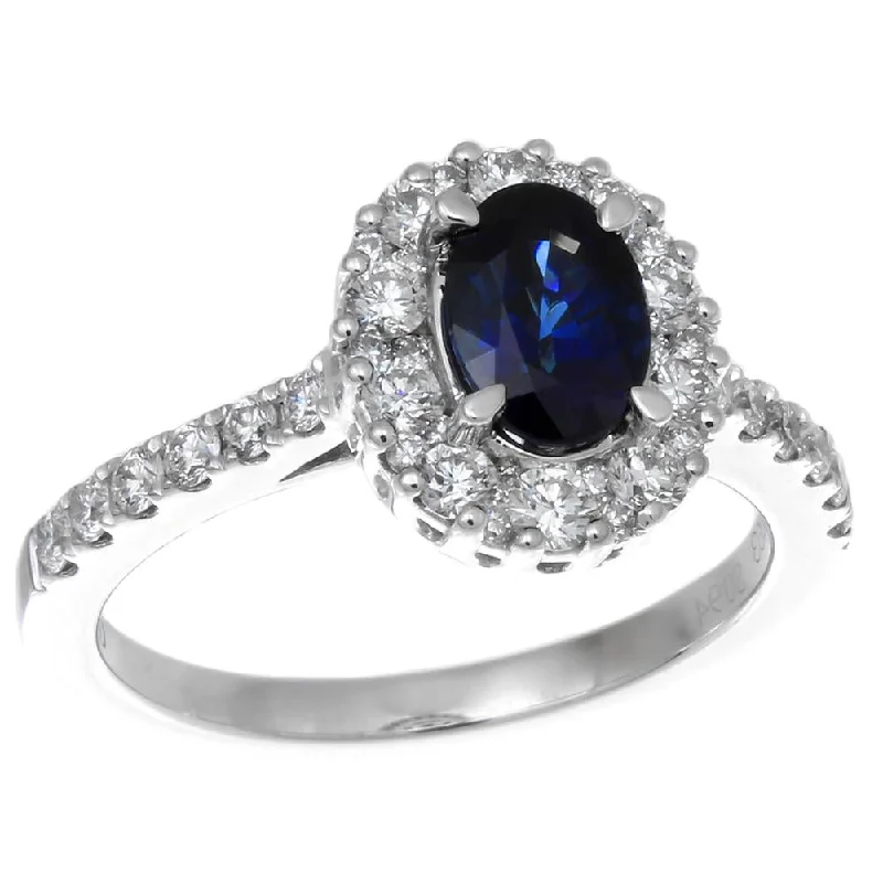 Unique Silver Rings For Personalized Style-Oval Sapphire Diamond Halo Color Crown Collection 18K White Gold Ring