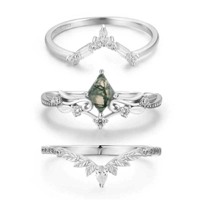 Classic Wedding Rings For Him and Her-Victorian Lace Moss Agate©, Monte Arc, and Woodland Ring Set