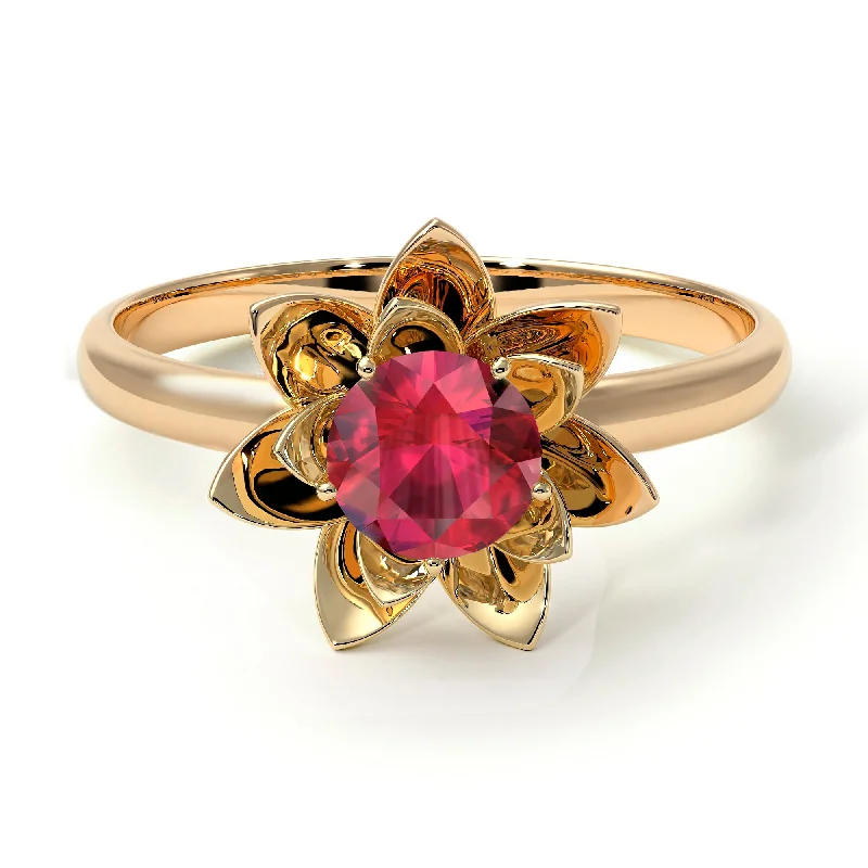 Unique Personalized Wedding Bands For Couples-Lotus Flower Solitaire Ruby Ring - Lotus no. 10